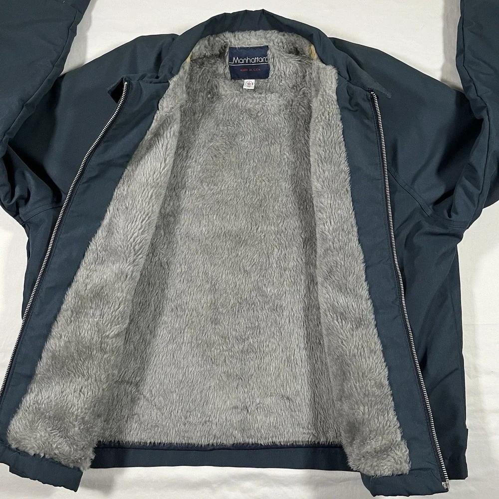 Vintage Manhattan Jacket Mens 2XL Blue Sherpa Lined Full Zip Bomber USA Made 80s